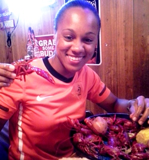 Enjoying some crawfish and World Cup action in my Netherlands jersey!